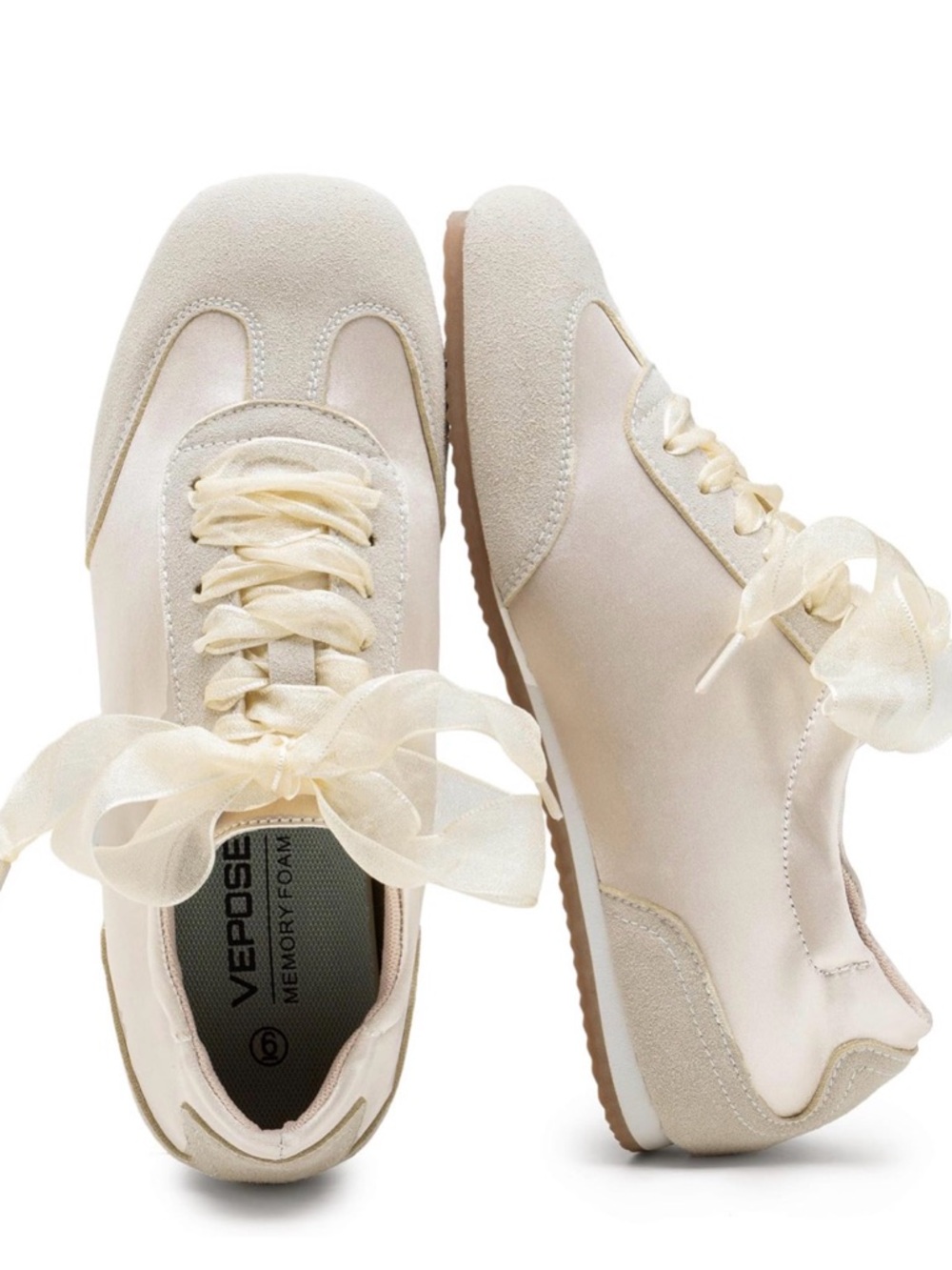 Vepose Satin &Suede Gat Sneakers, Classic Ribbon Lace Trainer swith Memory Foam